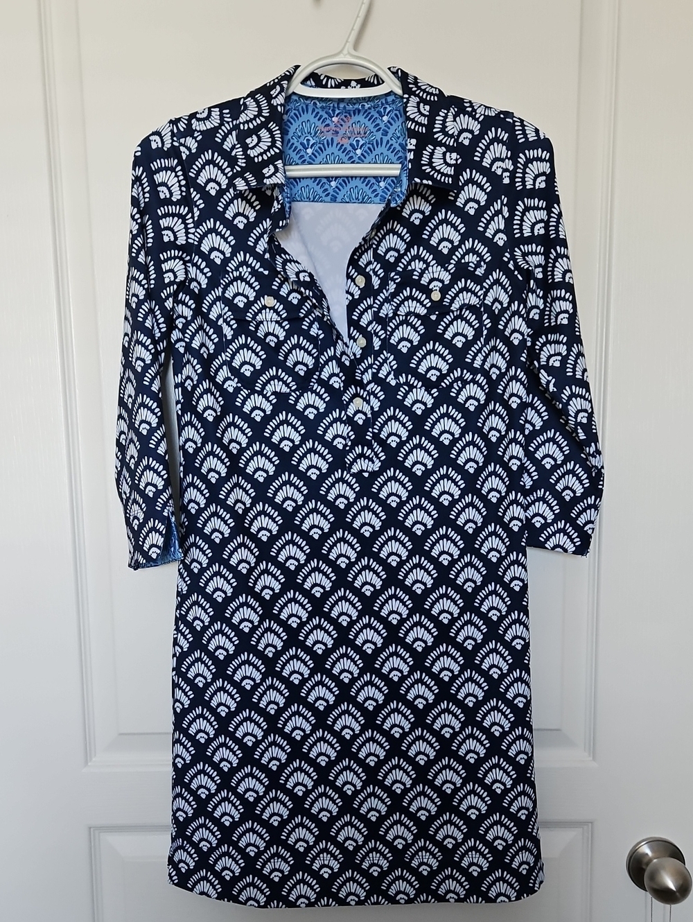 Vineyard Vines Navy and White Fan-Print Midi Dress, XXS